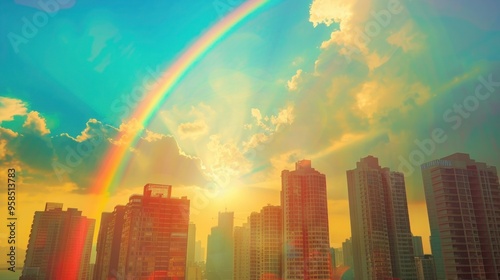 Lots of buildings, beautiful sky, sun, rainbow, sea. photo