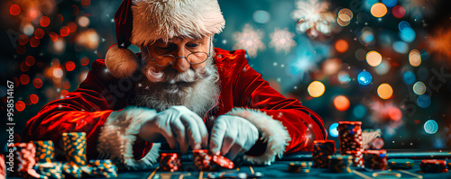 Santa Claus is engaged in a lively poker game surrounded by sparkling lights and festive decorations