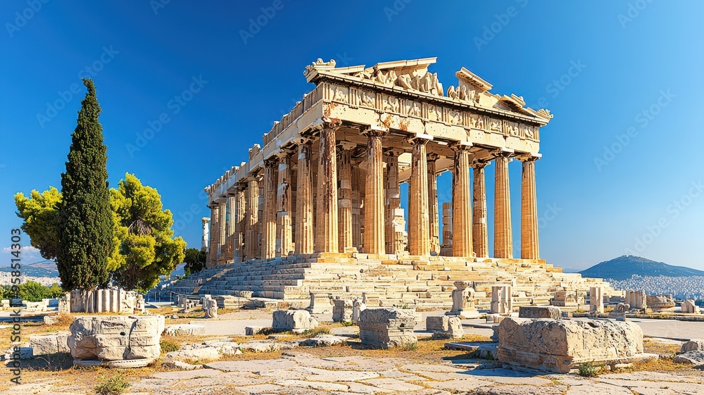 Fototapeta premium The Parthenon stands majestically against a bright blue sky, showcasing ancient Greek architecture and historical significance.