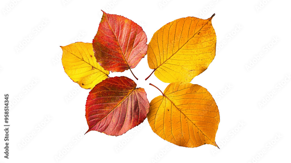 Five autumn leaves arranged in a star pattern on a white background, displaying vibrant shades of yellow, orange, and red. Five autumn leaves arranged in a star pattern on a white background, displaying vibrant shades of yellow, orange, and red.