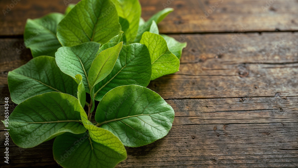 Green leaves on wooden background, empty space, place for text