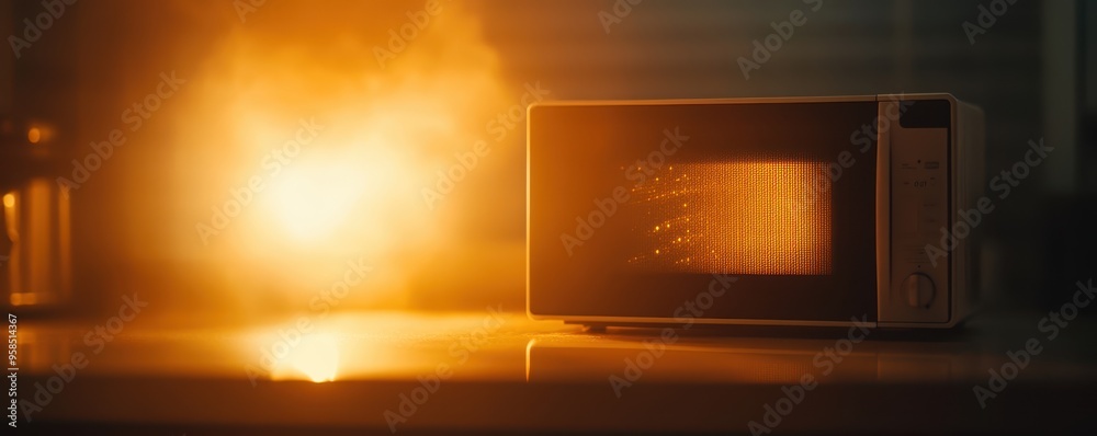 A microwave oven emits a warm glow, showcasing its functionality in a modern kitchen environment. A microwave oven emits a warm glow, showcasing its functionality in a modern kitchen environment.