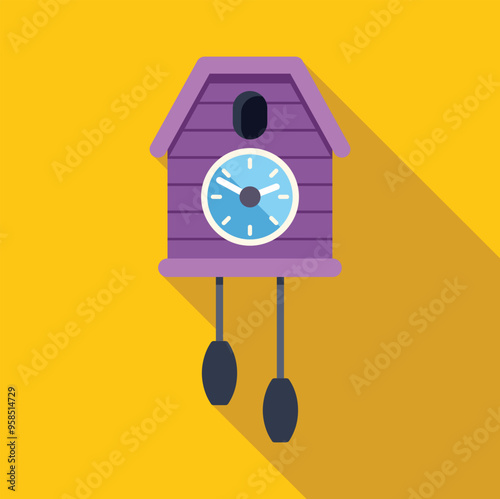 Purple cuckoo clock striking twelve on yellow background, in flat design with long shadow