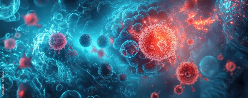Abstract representation of cellular structures, showcasing vibrant colors and intricate details of microscopic life forms. Abstract representation of cellular structures, showcasing vibrant colors and intricate details of microscopic life forms.