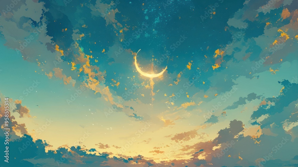 Fototapeta premium A beautiful blue sky with a large yellow crescent moon