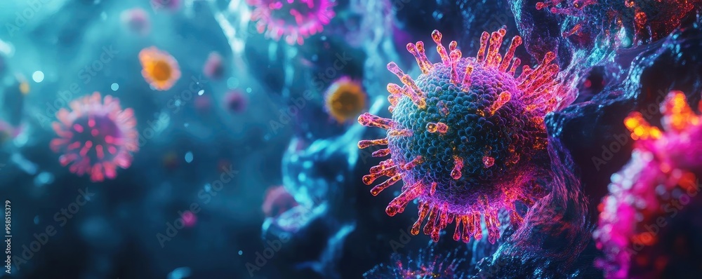 Close-up view of a colorful virus in a microscopic environment, highlighting intricate details and vibrant colors in biological research. Close-up view of a colorful virus in a microscopic environment, highlighting intricate details and vibrant colors in biological research.