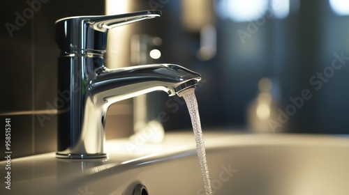 A close-up of a modern faucet with running water, showcasing sleek design and functionality in a stylish bathroom setting.