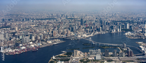 Photography Aerial view of Tokyo central area with Rainbow bridge at daytime
