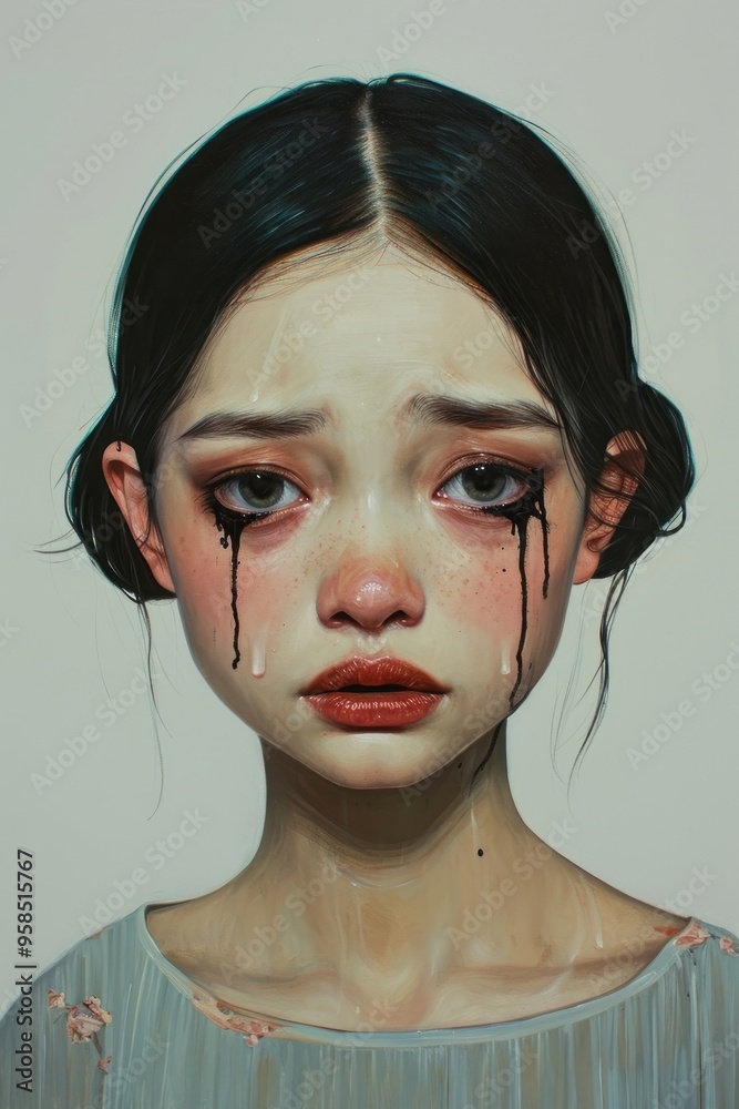 Woman is depicted with black mascara running down her face due to tears ...