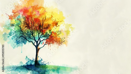 Watercolor tree with autumn red and yellow leaves on soft background