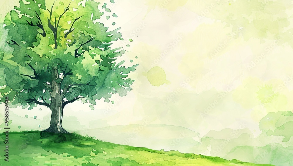 Watercolor tree with green leaves on a bright sunny background