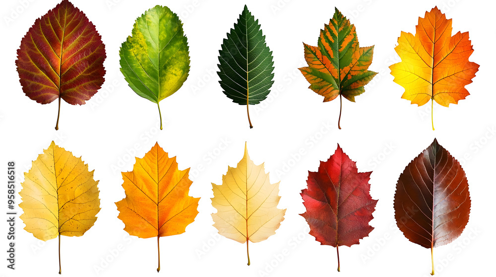 Fototapeta premium Collection of Ten Autumn Leaves Isolated on Transparent Background, PNG.