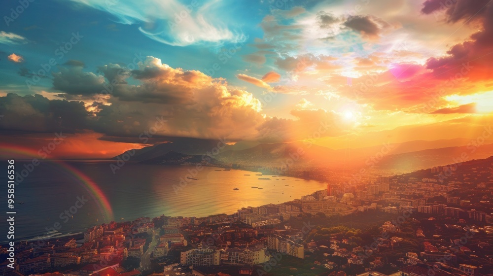 Lots of buildings, beautiful sky, sun, rainbow, sea. Lots of buildings, beautiful sky, sun, rainbow, sea.