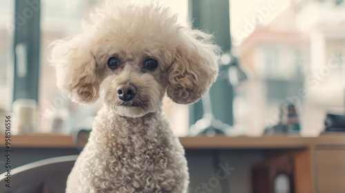 Cute poodle in sunlit room with bokeh