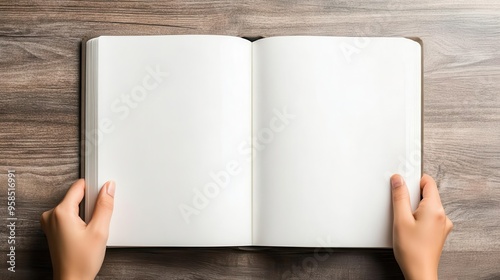 Person opening a book with blank pages, ready to write a new story photo