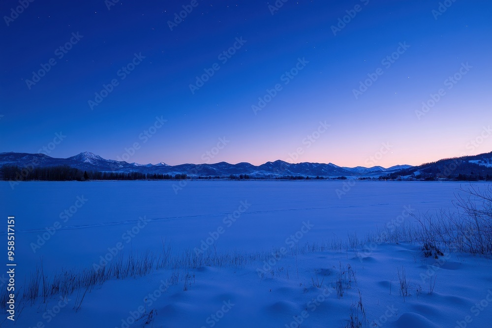 Fototapeta premium A serene winter landscape at dusk with snow-covered ground and mountains in the background.