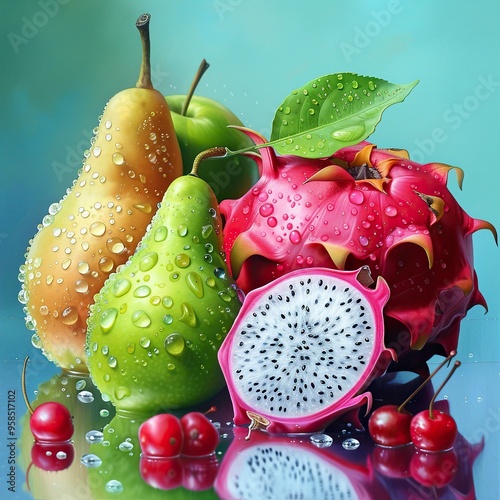 Draw photorealistic fruits, exactly as they should be. Such fruits: like dragon fruit, red apples, green pears. background color is blue, fresh juicy fruits, droplets of water on them generative ai photo