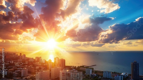 Lots of buildings, beautiful sky, sun, rainbow, sea. photo