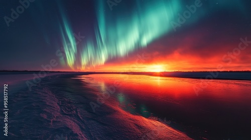 Aurora Borealis and Sunset over Frozen Lake