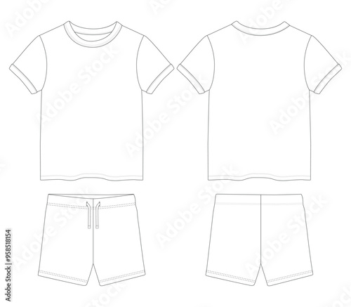 Short Sleeve baby sketch of kid's T shirt Shorts Tops Technical fashion flat sketch front and back view Vector illustration template For kids