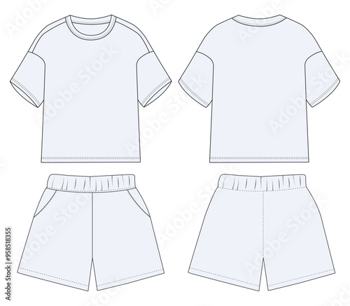Short Sleeve baby sketch of kid's T shirt Shorts Tops Technical fashion flat sketch front and back view Vector illustration template For kids