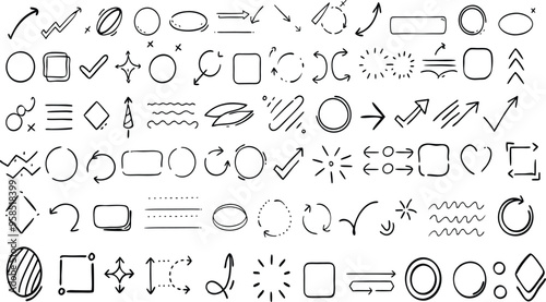 Vector set of drawing line frames, pointers, scribble arrow, circle, oval and square shaped frame, navigation symbols