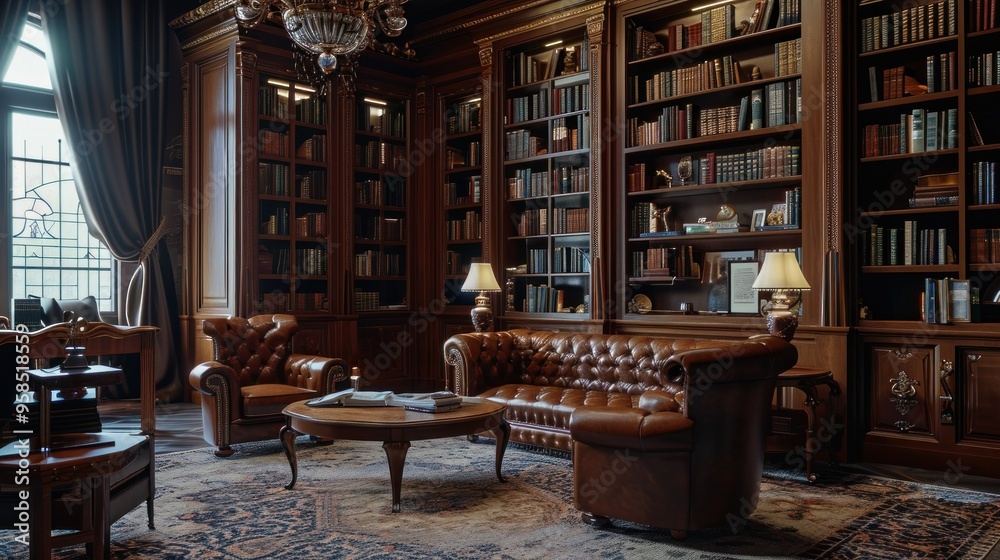 A spacious living room filled with plenty of furniture and bookshelves A spacious living room filled with plenty of furniture and bookshelves