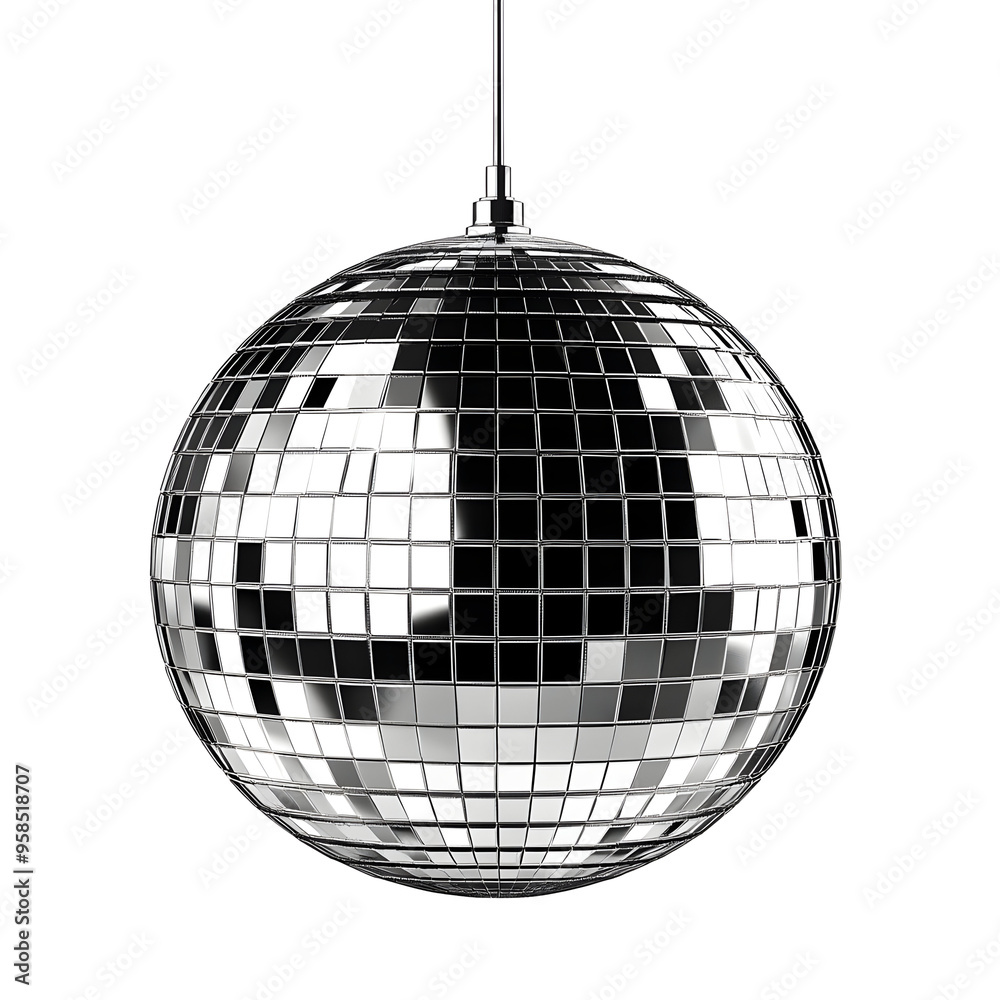 Fototapeta premium Silver Disco Ball Hanging with Mirrored Tiles on Transparent Background