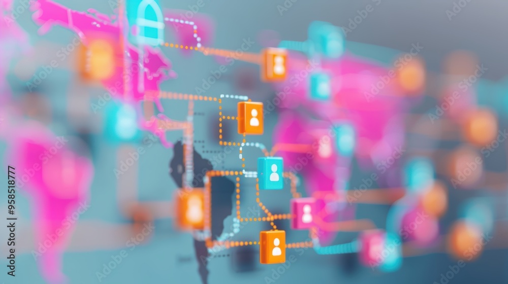 Fototapeta premium A network of interconnected supply chain nodes represented by digital icons on a global map, emphasizing the complexity and connectivity of logistics networks.