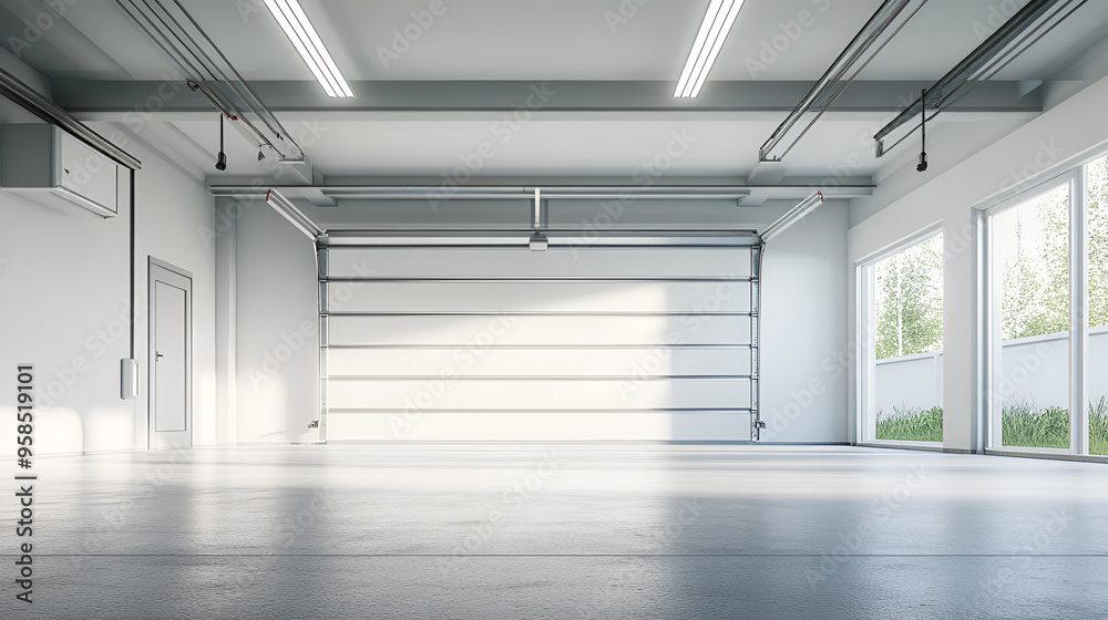 A realistic image of a spacious, empty garage with a clean, open layout. There are no vehicles or items inside. A realistic image of a spacious, empty garage with a clean, open layout. There are no vehicles or items inside.