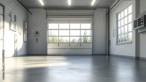 A realistic image of a spacious, empty garage with a clean, open layout. There are no vehicles or items inside. 