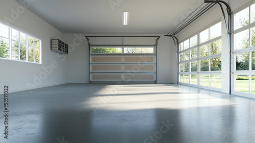 A realistic image of a spacious, empty garage with a clean, open layout. There are no vehicles or items inside. 