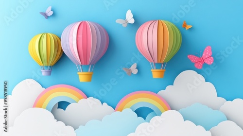 Paper Cutout Hot Air Balloons and Clouds