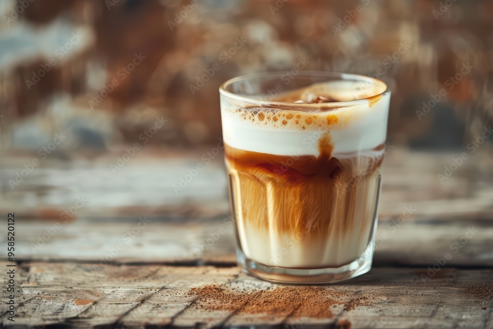 A beautifully layered coffee drink served in a clear glass, showcasing rich colors and creamy textures on a rustic wooden background. A beautifully layered coffee drink served in a clear glass, showcasing rich colors and creamy textures on a rustic wooden background.