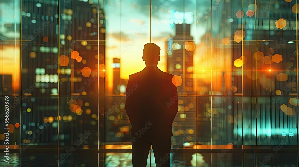 Silhouette of a businessman against a vibrant city skyline during a stunning sunset, symbolizing ambition and success. Silhouette of a businessman against a vibrant city skyline during a stunning sunset, symbolizing ambition and success.