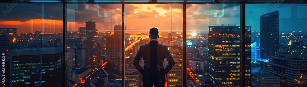 A businessman gazes out a high-rise window at an urban sunset, reflecting on opportunities and challenges in the cityscape. A businessman gazes out a high-rise window at an urban sunset, reflecting on opportunities and challenges in the cityscape.