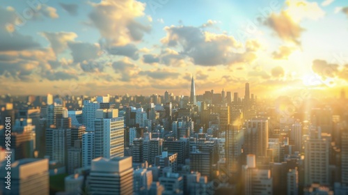 Lots of buildings, beautiful sky, sunshine.