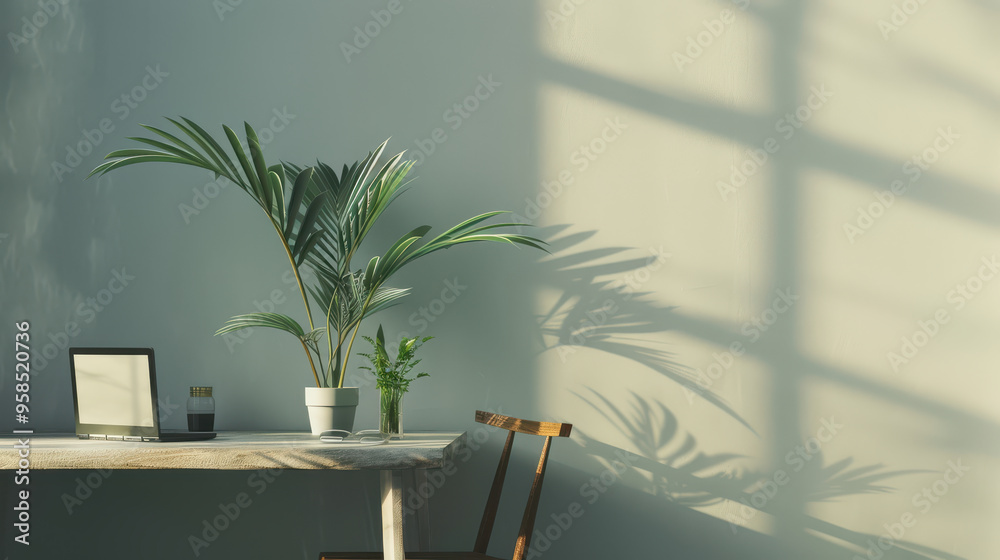Minimalist home office with natural light and plants. Minimalist home office with natural light and plants.