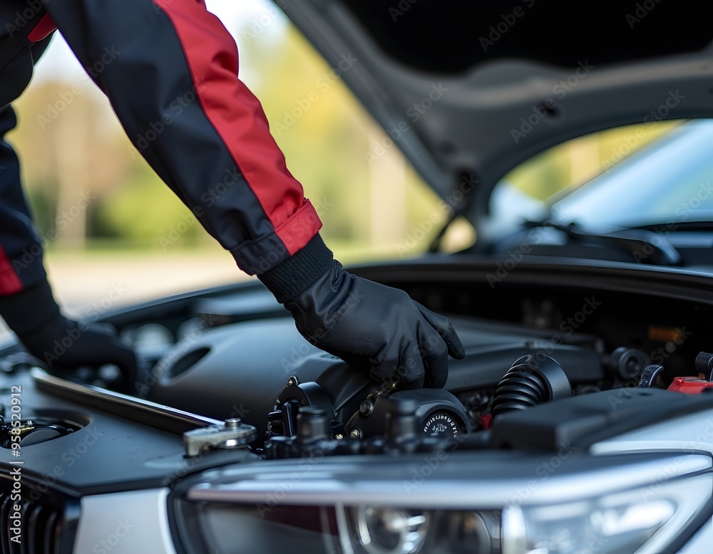 Close-Up of Unrecognizable Man in Glove Inspecting Car Engine Under Hood Close-Up of Unrecognizable Man in Glove Inspecting Car Engine Under Hood