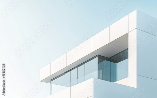 a modern white building with clean lines and sharp angles, soft sunlight casting subtle shadows