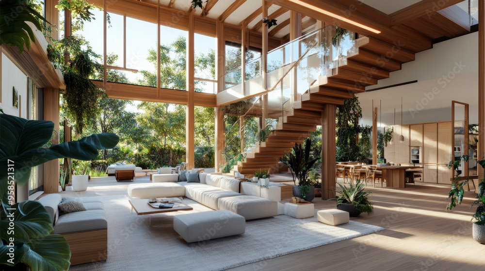 Fototapeta premium A bright, open-concept living and dining space with a modern staircase, filled with sunlight and lush greenery, creating a serene, natural ambiance.