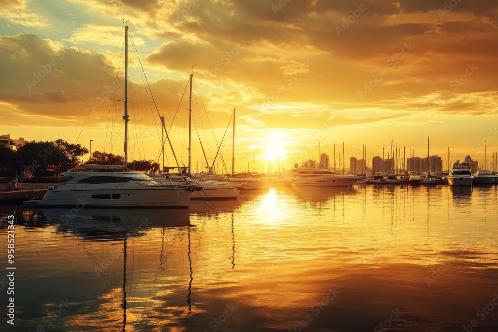 A beautiful sunset over a calm marina. The golden colors reflect on the water. Boats are gently swaying in the evening light. Perfect for relaxation and inspiration. Generative AI A beautiful sunset over a calm marina. The golden colors reflect on the water. Boats are gently swaying in the evening light. Perfect for relaxation and inspiration. Generative AI