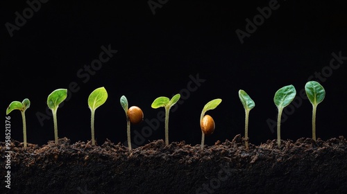 A time-lapse sequence of a seed germinating and growing into a young plant, capturing each stage of growth in vivid detail, with soil and moisture evident photo