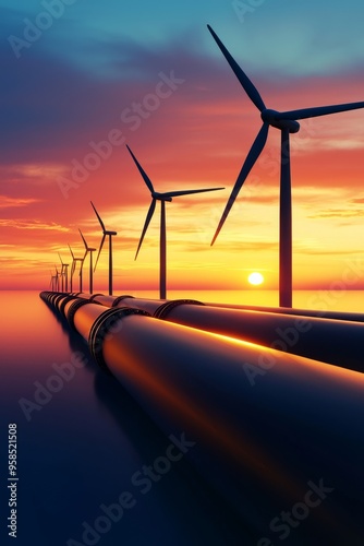 Sunset over wind turbines and oil pipeline, renewable and fossil energy contrast, 3D illustration photo