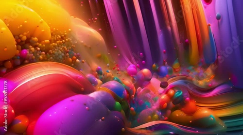 Abstract Color Explosion with Ribbons and Bubbles