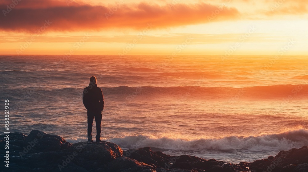 Man Standing on Rocks Watching Ocean Sunset Man Standing on Rocks Watching Ocean Sunset