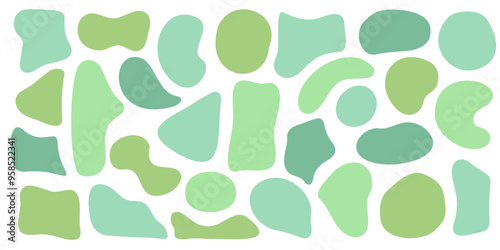 Set of organic irregular green blob shapes. Random deform spot fluid circle Isolated on white background. Organic amoeba Doodle drops Retro vector elements. Abstract rounded forms Vector illustration