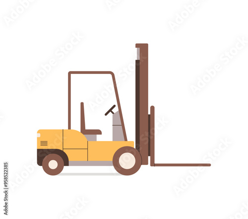 Forklift, warehouse industrial lifting machinery, equipment for landing boxes, forklift loader with lifting, warehouse truck, loading platform, machinery for pallet, box flat vector illustration.