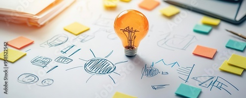 Business plan brainstorming session with sticky notes and sketches on a whiteboard