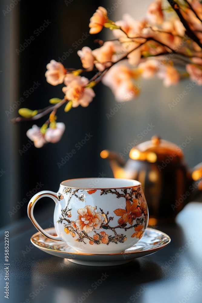 Elegant tea cup with floral design, surrounded by blooming branches, creating a serene and inviting atmosphere.
